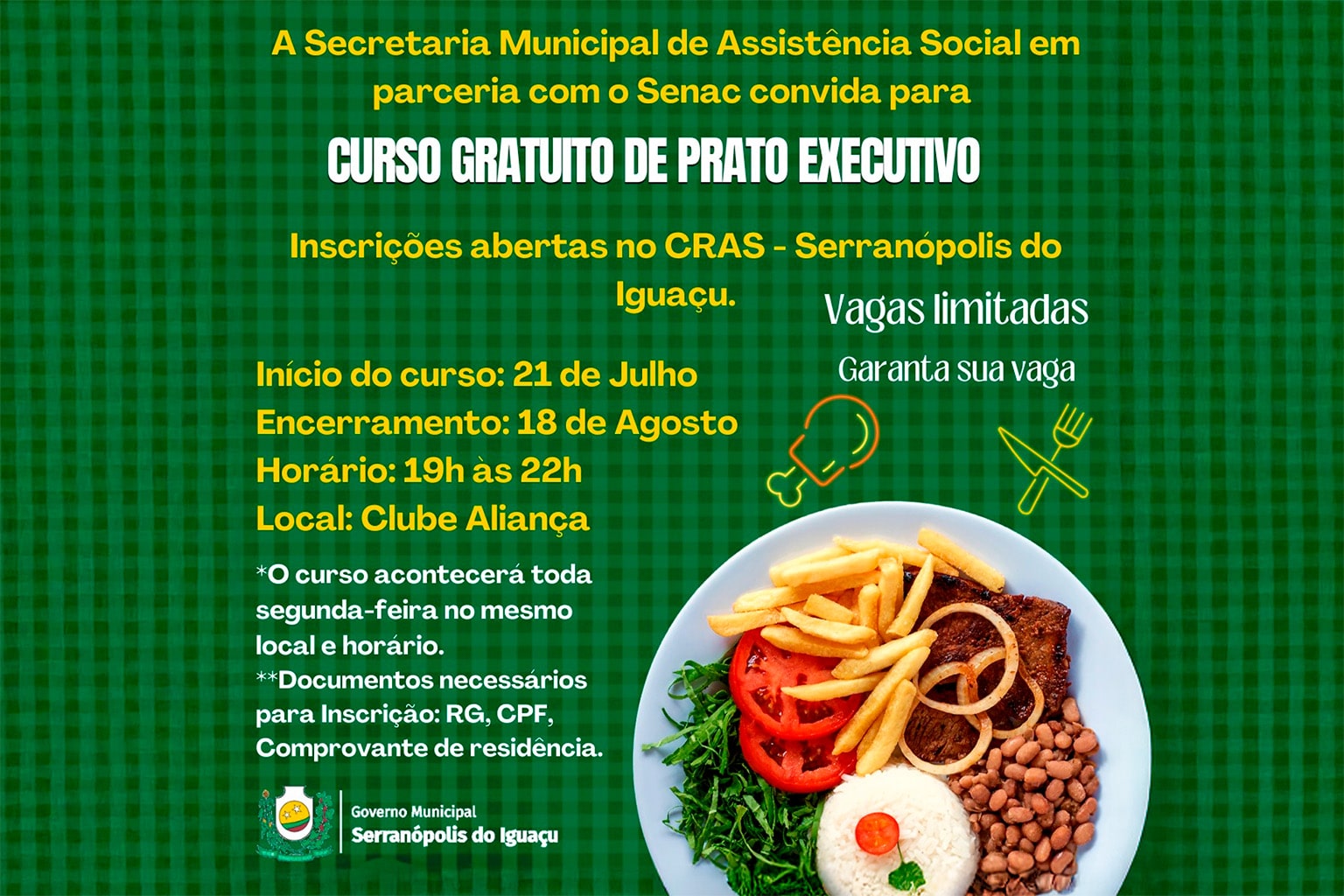 Curso gratuito de prato executivo tem inscrições abertas em Serranópolis do Iguaçu